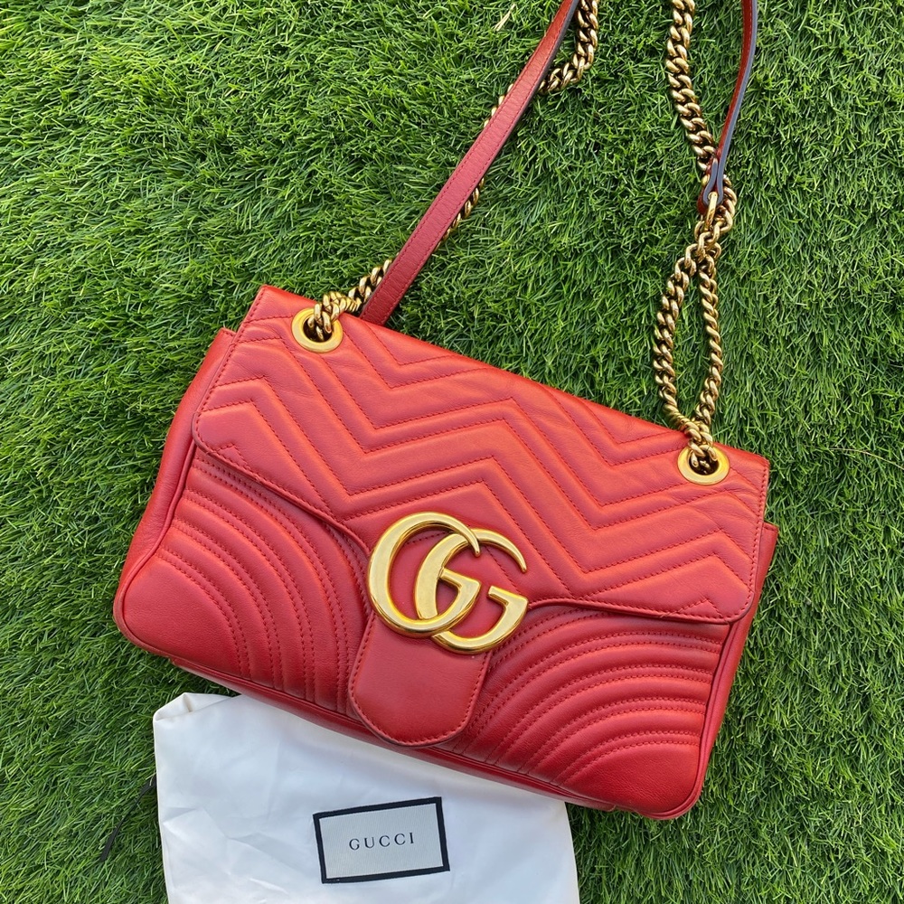 Gucci Red GG Marmont Quilted Shoulder Bag with Gold Hardware